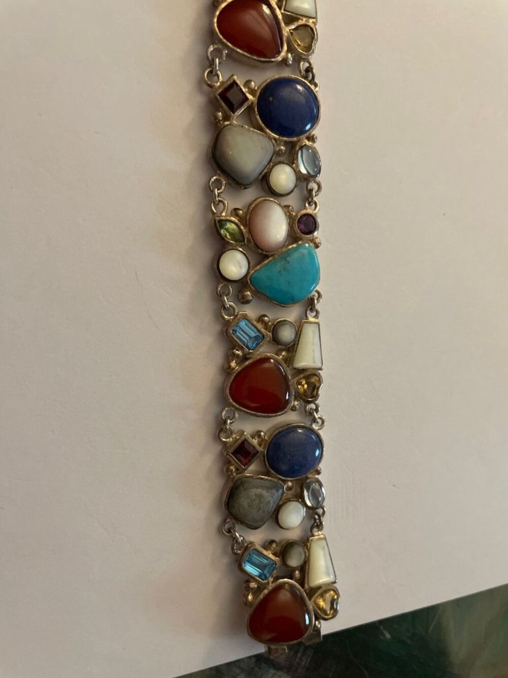 Vintage Sterling Silver Bracelet Multi Stone 44 grams 7" Retro Boho Colorful